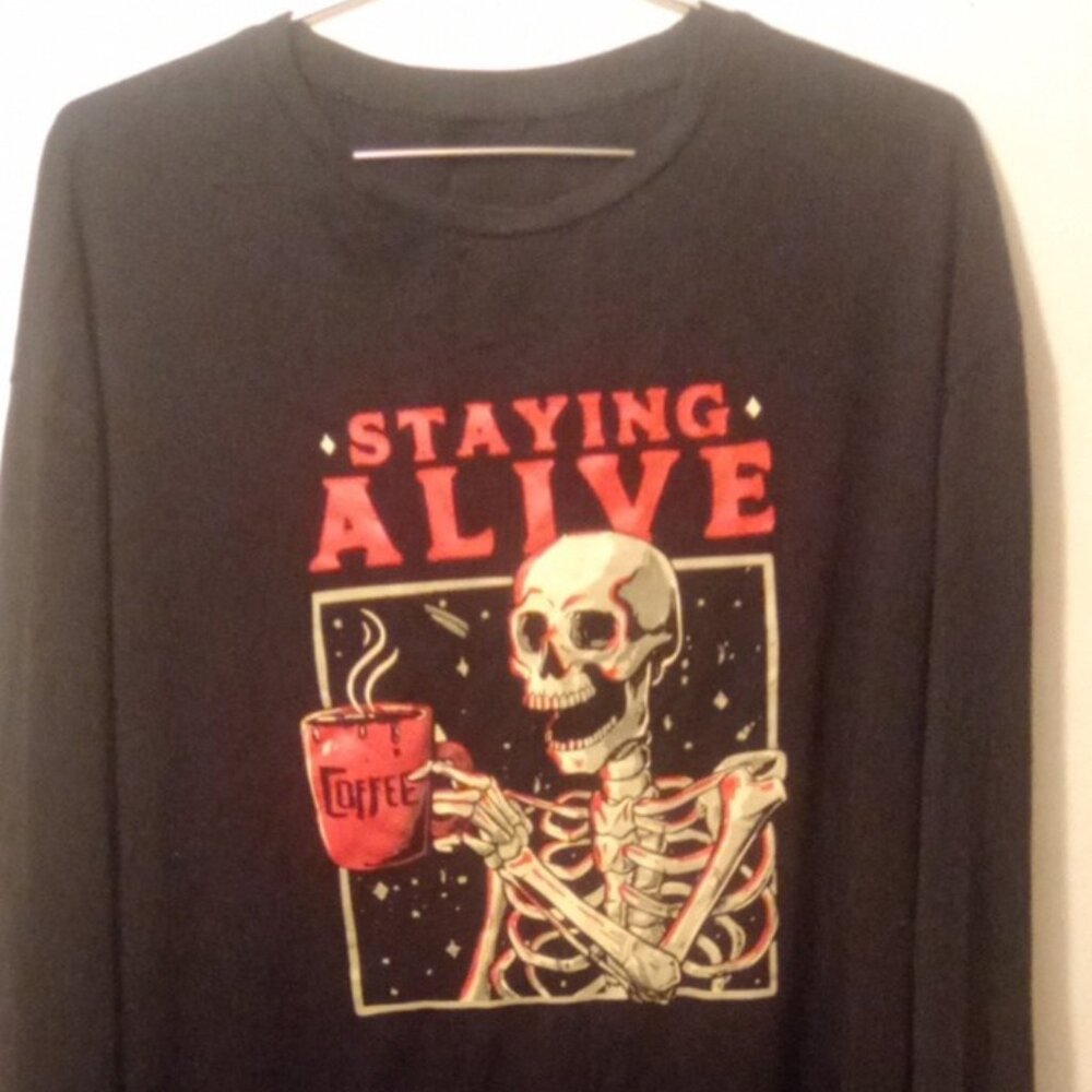 Skeleton Black Tee Stay Alive Drinking Coffee